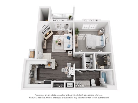 A floor plan of a small apartment with a kitchen, living room, and bathroom.